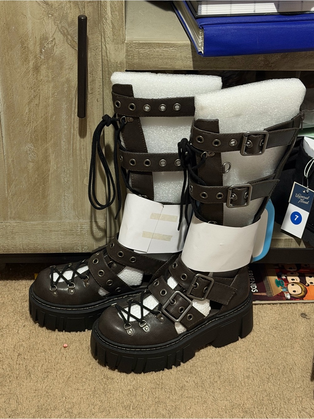 Club Exx Chunky Buckle Lace-Up Combat Boots - Dark Brown 7 new